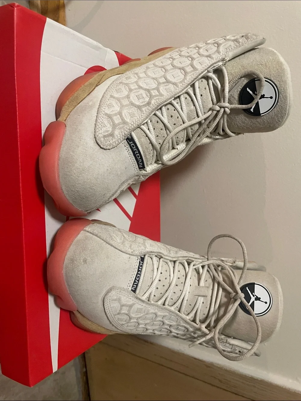 Jordan Men's High-Top Sneakers in Beige Suede with Orange Sole